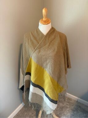 CAbi Tan Wrap Travel Cape Poncho with Mustard, Black and Cream Stripes #4293